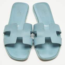 Pre Owned Hermes Blue Leather Oran Flat Slide Sandals Size 38