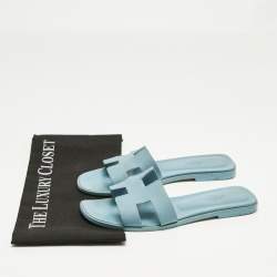 Pre Owned Hermes Blue Leather Oran Flat Slide Sandals Size 38