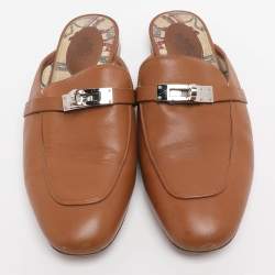 Pre Owned Hermes Naturel Leather Oz Flat Mules Size 38