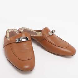 Pre Owned Hermes Naturel Leather Oz Flat Mules Size 38