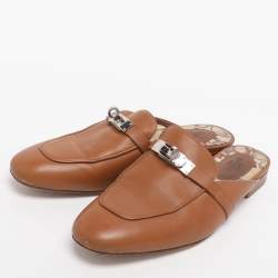 Pre Owned Hermes Naturel Leather Oz Flat Mules Size 38
