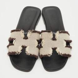 Pre Owned Hermes Brown/White Knit Fabric Oran Sandals Size 35