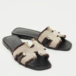 Pre Owned Hermes Brown/White Knit Fabric Oran Sandals Size 35