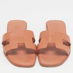 Pre Owned Hermes Orange Leather Oran Flat Slide Size 38.5