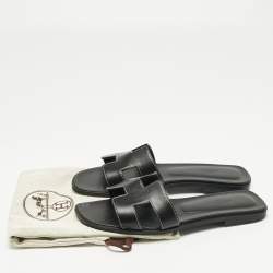 Pre Owned Hermes Black Leather Oran Flat Sandals Size 38.5
