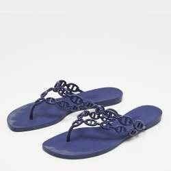 Pre Owned Hermes Navy Blue Rubber Island Flat Slides Size 39