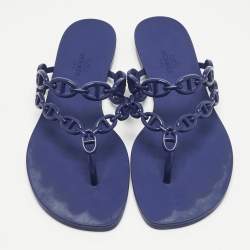 Pre Owned Hermes Navy Blue Rubber Island Flat Slides Size 39