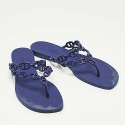 Pre Owned Hermes Navy Blue Rubber Island Flat Slides Size 39