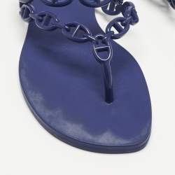 Pre Owned Hermes Navy Blue Rubber Island Flat Slides Size 39