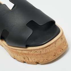Pre Owned Hermes Black Leather Eze Platform Cork Wedge Sandals Size 37
