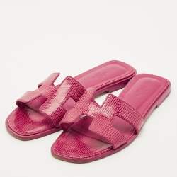 Pre Owned Hermes Pink Lizard Leather Oran Flat Sandals Size 37.5