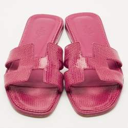 Pre Owned Hermes Pink Lizard Leather Oran Flat Sandals Size 37.5