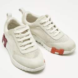 Pre Owned Hermes Grey/White Fabric and Suede Bouncing Low Top Sneakers Size 37