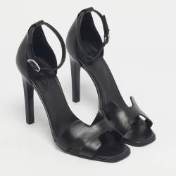 Pre Owned Hermes Black Leather Premiere Ankle Strap Sandals Size 39.5