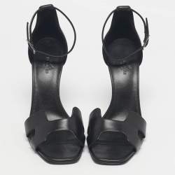 Pre Owned Hermes Black Leather Premiere Ankle Strap Sandals Size 39.5