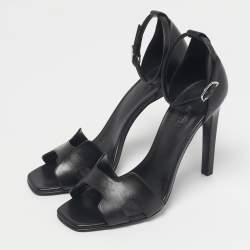Pre Owned Hermes Black Leather Premiere Ankle Strap Sandals Size 39.5