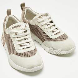 مملوكة مسبقًا Hermes Grey/Beige Suede and Mesh Bouncing Sneakers Size 41.5