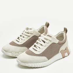 مملوكة مسبقًا Hermes Grey/Beige Suede and Mesh Bouncing Sneakers Size 41.5