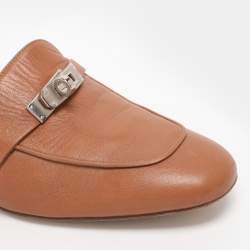 Pre Owned Hermes Brown Leather Palladium Plated Oz Mules  Size 38.5