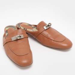 Pre Owned Hermes Brown Leather Palladium Plated Oz Mules  Size 38.5