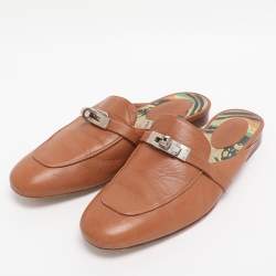 Pre Owned Hermes Brown Leather Palladium Plated Oz Mules  Size 38.5