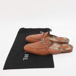 Pre Owned Hermes Brown Leather Palladium Plated Oz Mules  Size 38.5