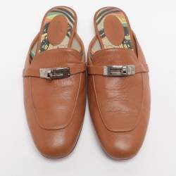 Pre Owned Hermes Brown Leather Palladium Plated Oz Mules  Size 38.5