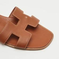 Pre Owned Hermes Brown Leather Oran Flat Sandals Size 36.5