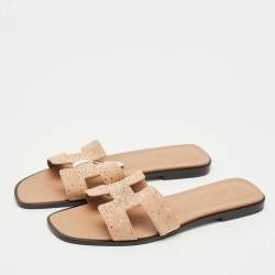 مملوكة مسبقًا Hermes Beige Suede Oran Crystals Flat Slides Size 40