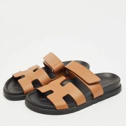 Pre Owned Hermès Brown Leather Chypre Flat Slides Size 36
