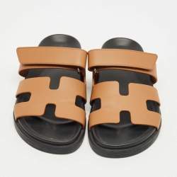 Pre Owned Hermès Brown Leather Chypre Flat Slides Size 36