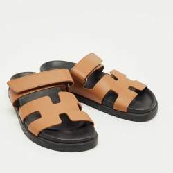Pre Owned Hermès Brown Leather Chypre Flat Slides Size 36