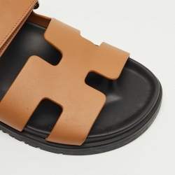 Pre Owned Hermès Brown Leather Chypre Flat Slides Size 36