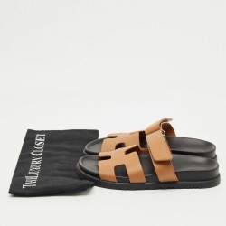 Pre Owned Hermès Brown Leather Chypre Flat Slides Size 36
