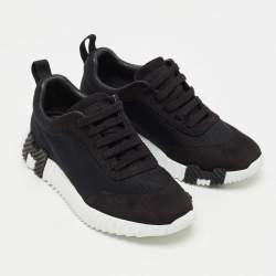 Pre Owned حذاء رياضي هيرمس باونسنج شبك وسويدي أسود منخفض من الأعلى مقاس 37