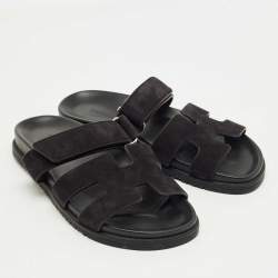 Pre Owned Hermes Black Suede Chypre Flat Sandals Size 39