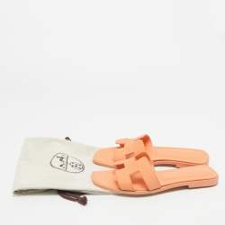 Pre Owned Hermes Orange Leather Oran Flat Slides Size 37.5