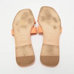 Pre Owned Hermes Orange Leather Oran Flat Slides Size 37.5