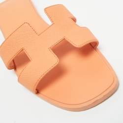 Pre Owned Hermes Orange Leather Oran Flat Slides Size 37.5