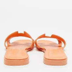 Pre Owned Hermes Orange Leather Oran Flat Slides Size 37.5