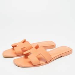 Pre Owned Hermes Orange Leather Oran Flat Slides Size 37.5