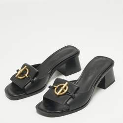 Pre Owned Hermes Black Leather Ilot Slide Sandals Size 36