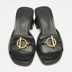 Pre Owned Hermes Black Leather Ilot Slide Sandals Size 36