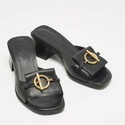Pre Owned Hermes Black Leather Ilot Slide Sandals Size 36