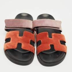 Pre Owned Hermès Brown/Beige Velvet Chypre Flat Sandals Size 40