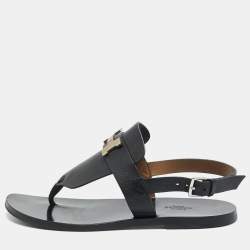 Pre Owned Hermes Black Leather Galerie Slingback Sandals Size 39