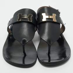 Pre Owned Hermes Black Leather Galerie Slingback Sandals Size 39
