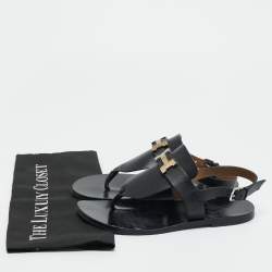 Pre Owned Hermes Black Leather Galerie Slingback Sandals Size 39