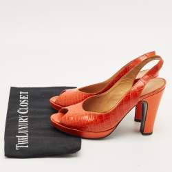 Pre Owned Hermes Orange Crocodile Leather and Lizard Leather Peep Toe Pumps Size 37