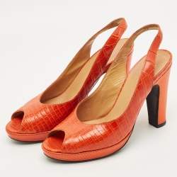 Pre Owned Hermes Orange Crocodile Leather and Lizard Leather Peep Toe Pumps Size 37